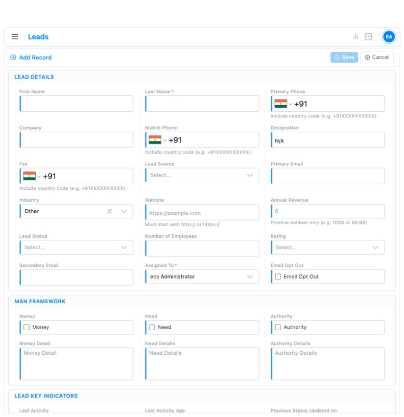 Empty lead form in the TargetCRM demo, showing source, status and assigned owner fields
