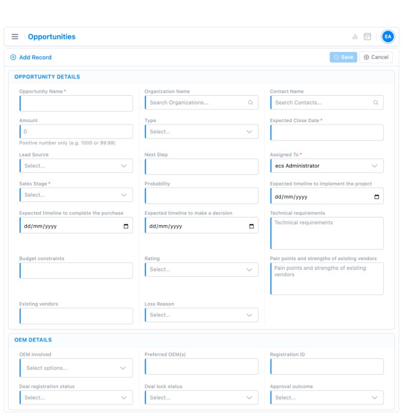 Empty opportunity form in the TargetCRM demo, showing sales stage, next step and expected close date fields