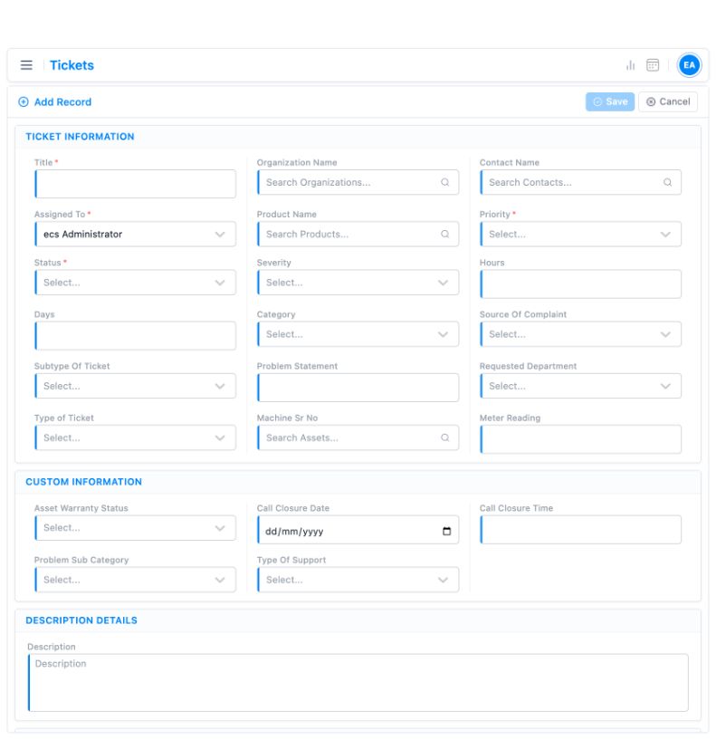 Empty support ticket form in the TargetCRM demo, showing priority, status and complaint context fields